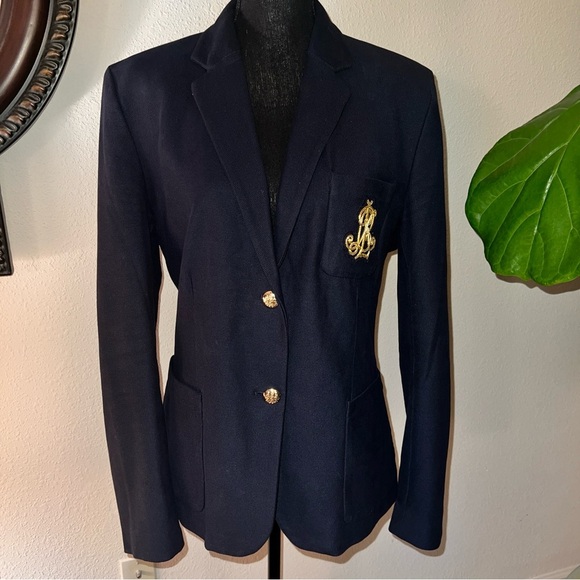 Ralph Lauren Women’s Bullion Jacquard Navy Blue Single Breast Blazer Gold Crest - Picture 7 of 16
